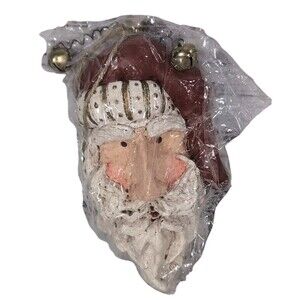 Vintage Hand Carved Wood Santa Ornament With Bells Made In Philippines 5"x3"